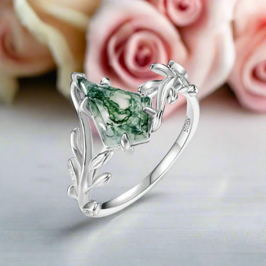 Kite Cut Natural Moss Agate Engagement Ring