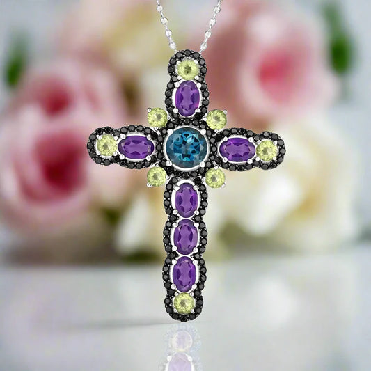 Mystical Multi-gems Cross Pendant Necklace