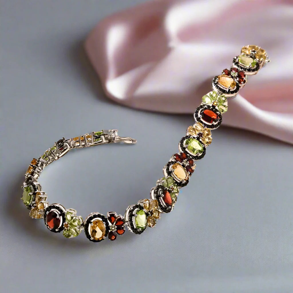 Oval-cut Natural Multi Gemstone Flower Halo Bracelet
