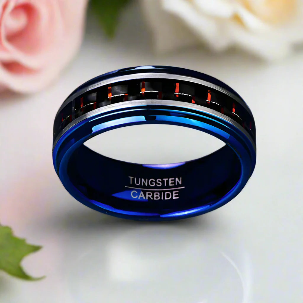 Blue Beveled Edge Tungsten Men's Ring with Red Carbon Fiber Inlay