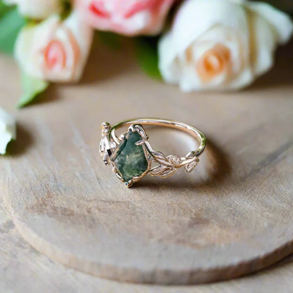 Kite Cut Natural Moss Agate Engagement Ring