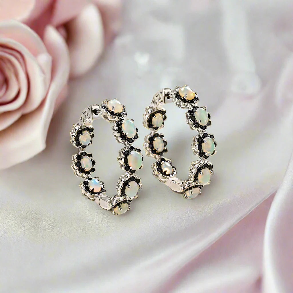 Natural Opal & Black Spinel Gemstone Hoop Earrings