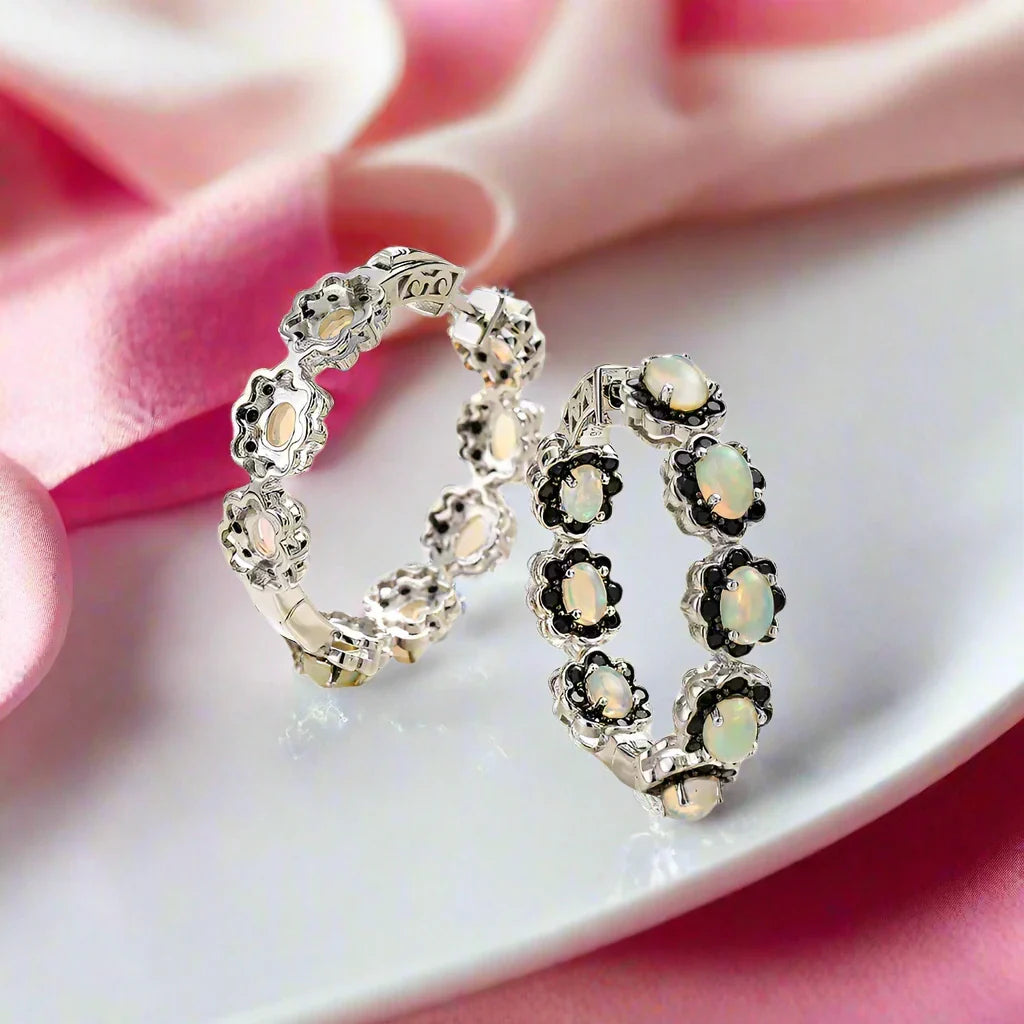 Natural Opal & Black Spinel Gemstone Hoop Earrings