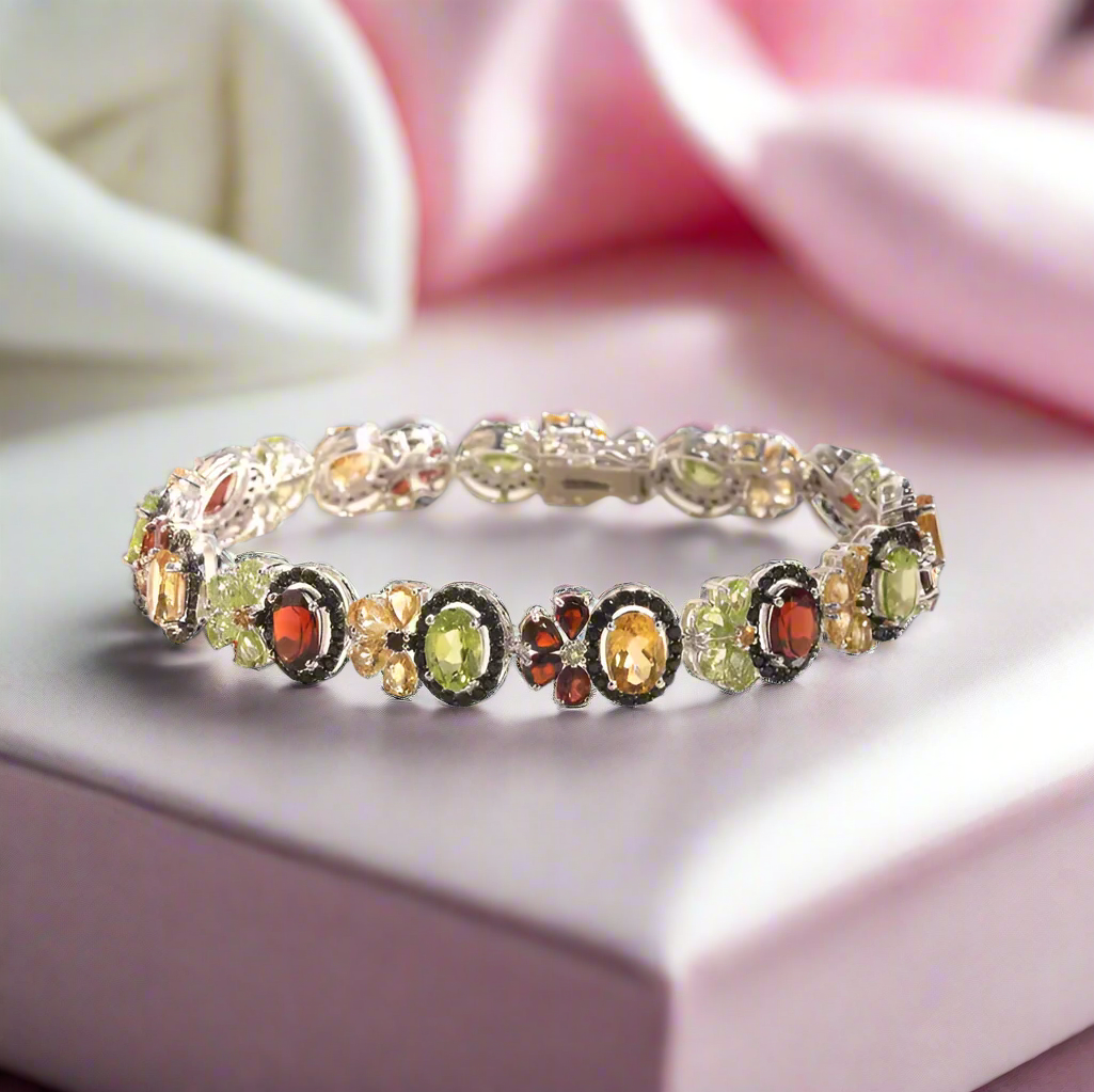 Oval-cut Natural Multi Gemstone Flower Halo Bracelet