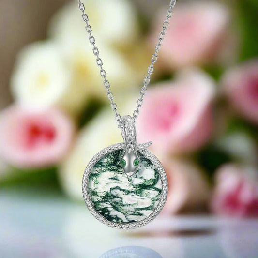 Round Cut Moss Agate Snake Necklace