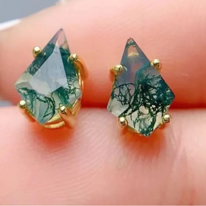 Kite Shaped Green Moss Agate Earrings