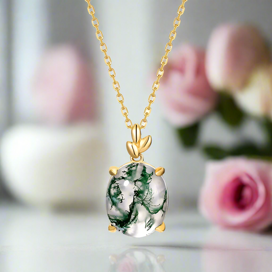 Oval Cut Green Moss Agate Pendant Necklace