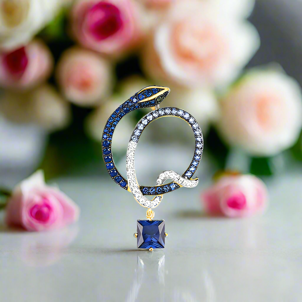 Sparkling Blue Stone Cute Snake Yellow Gold Pendant