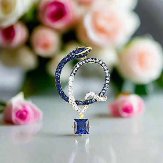 Sparkling Blue Stone Cute Snake Yellow Gold Pendant