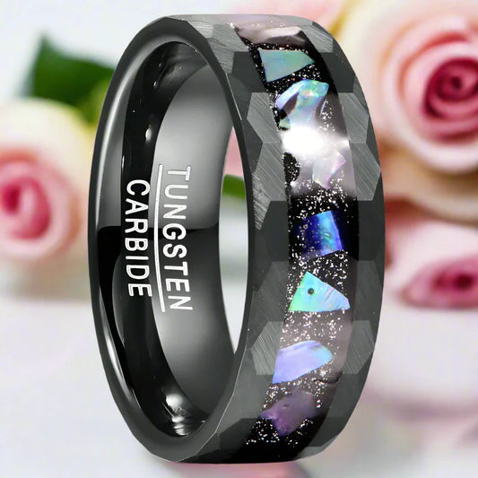 Starry Sky Abalone Shell Edge Hammered Black Tungsten Wedding Band