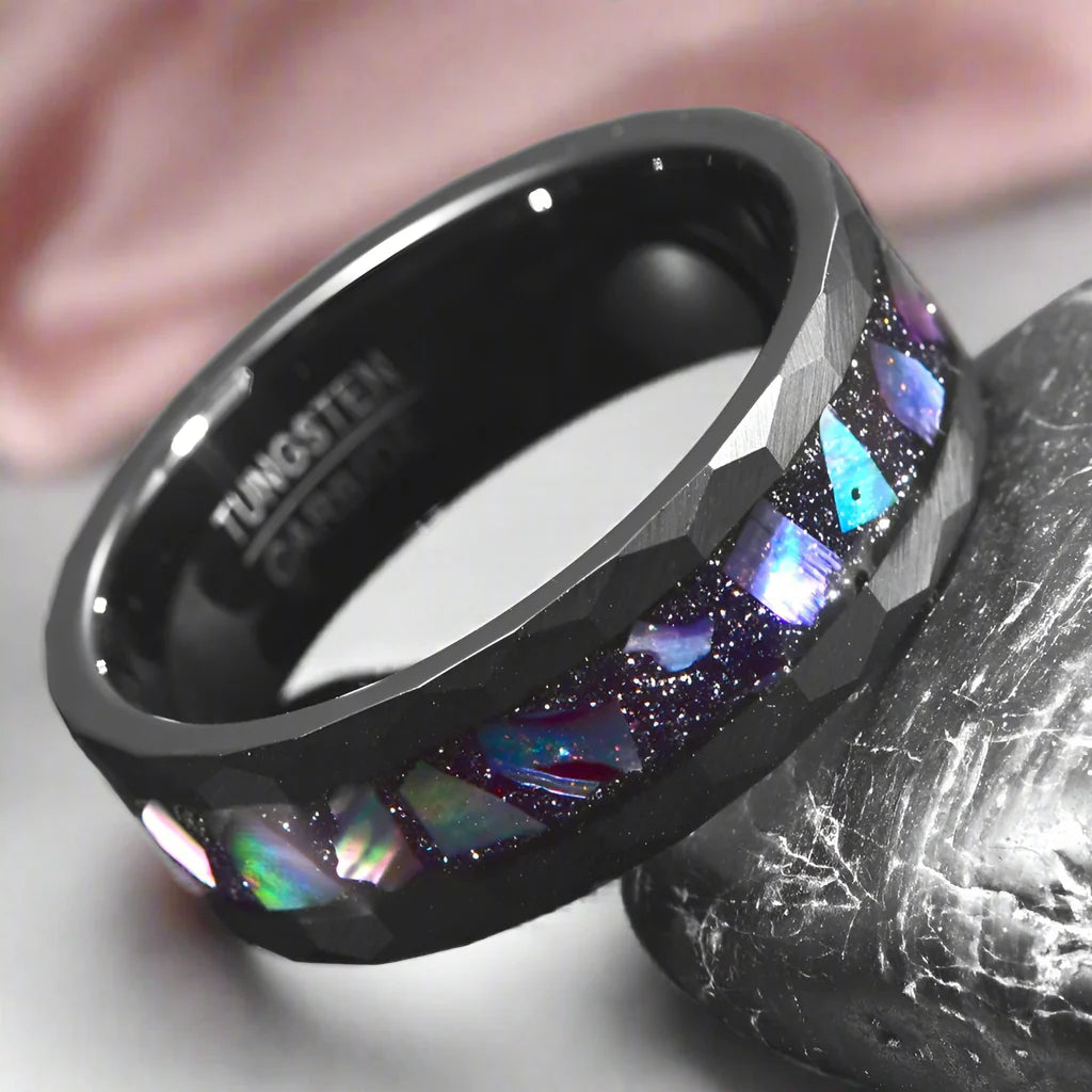 Starry Sky Abalone Shell Edge Hammered Black Tungsten Wedding Band