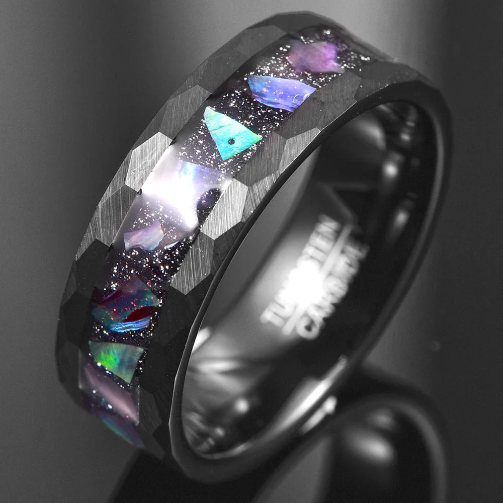 Starry Sky Abalone Shell Edge Hammered Black Tungsten Wedding Band