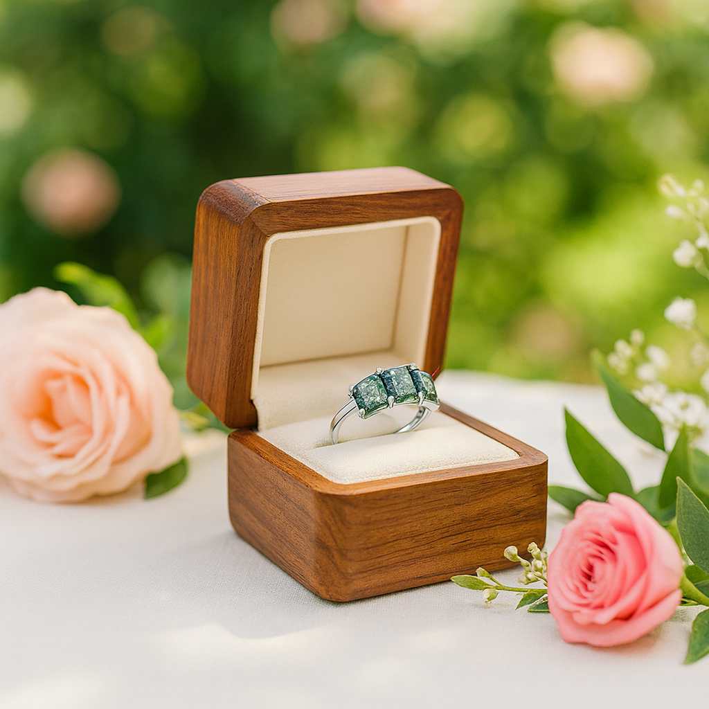 Three Stone Emerald Cut Moss Agate Ring