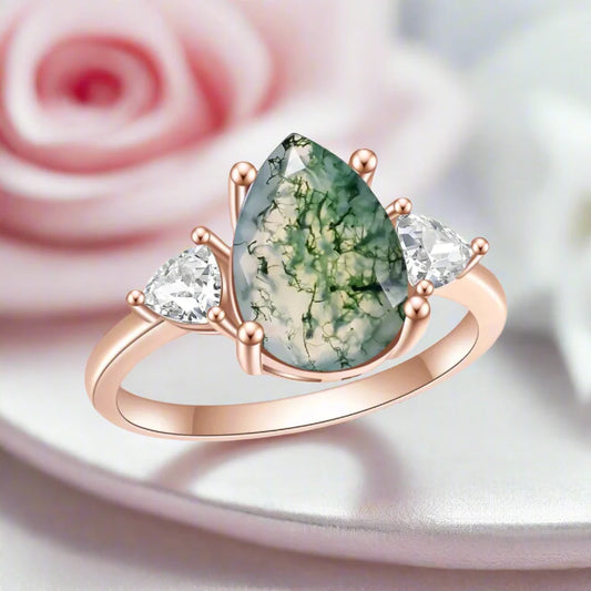 Unique Pear Cut Moss Agate Vintage Cluster Engagement Ring Set