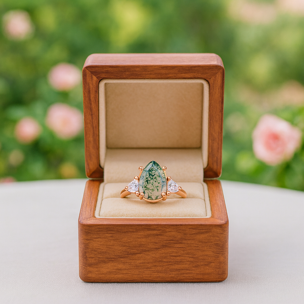 Unique Teardrop Natural Moss Agate Engagement Ring