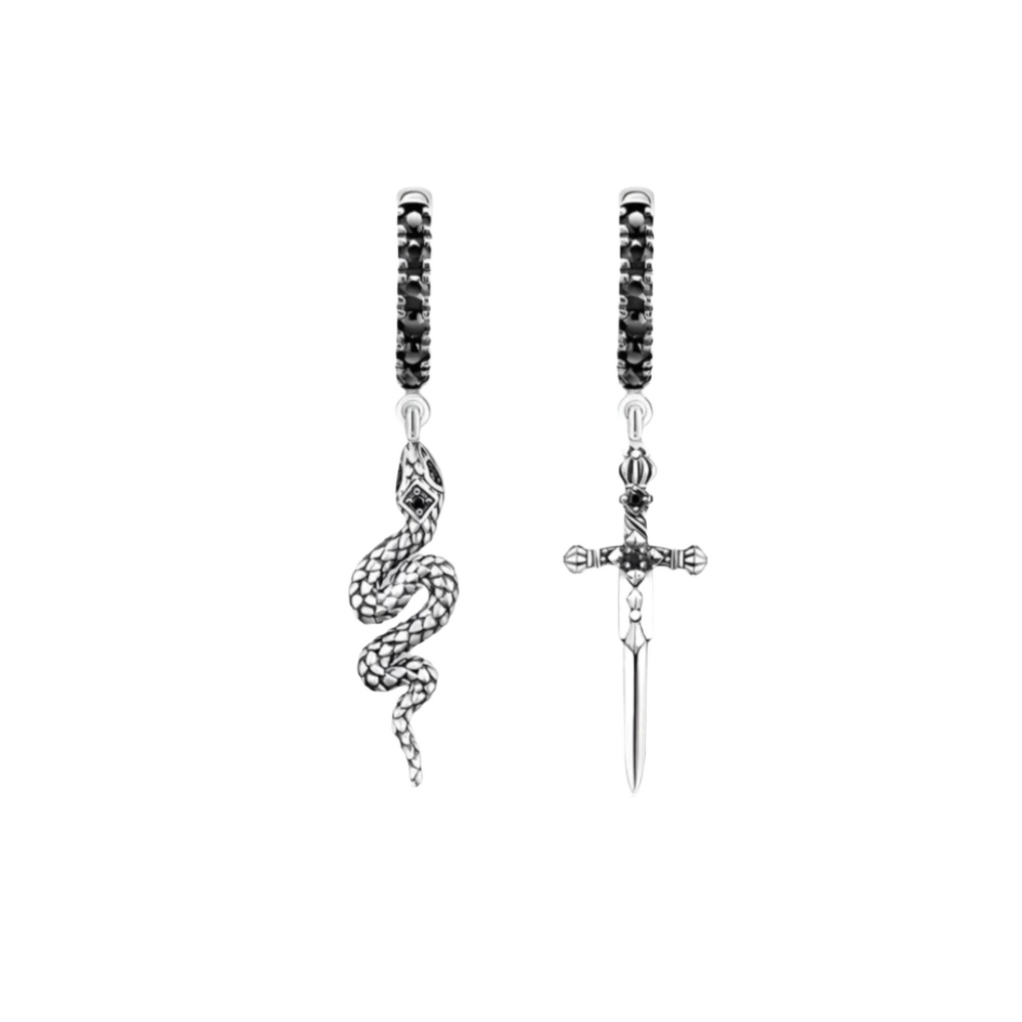 Vintage Black Diamonds Sword and Snake Hoop Earrings