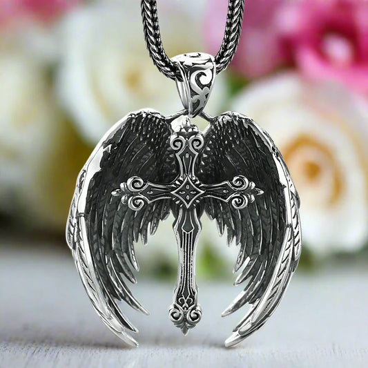 Vintage Cross Feather Wings Pendant