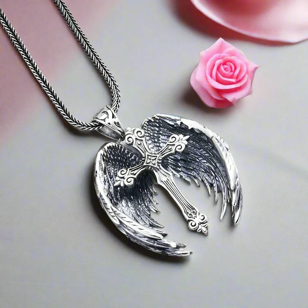 Vintage Cross Feather Wings Pendant