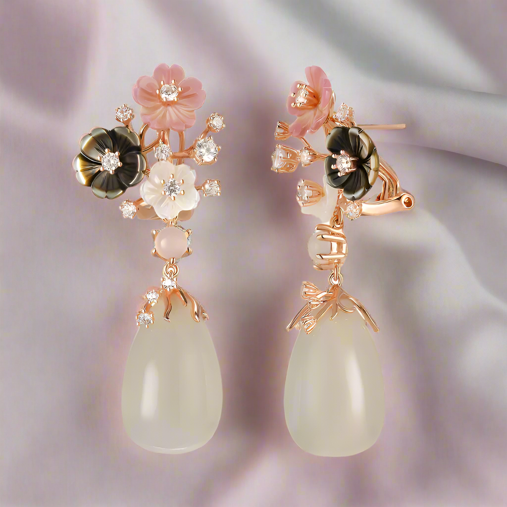 Vintage Natural Chalcedony Shell Flower Earrings