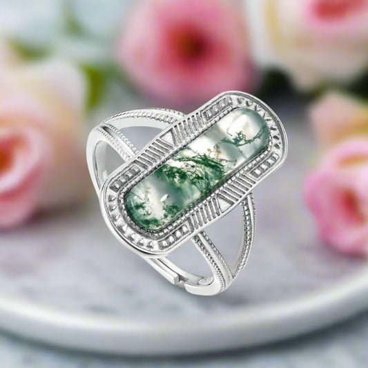 Vintage Oval Cut Moss Agate Promise Ring