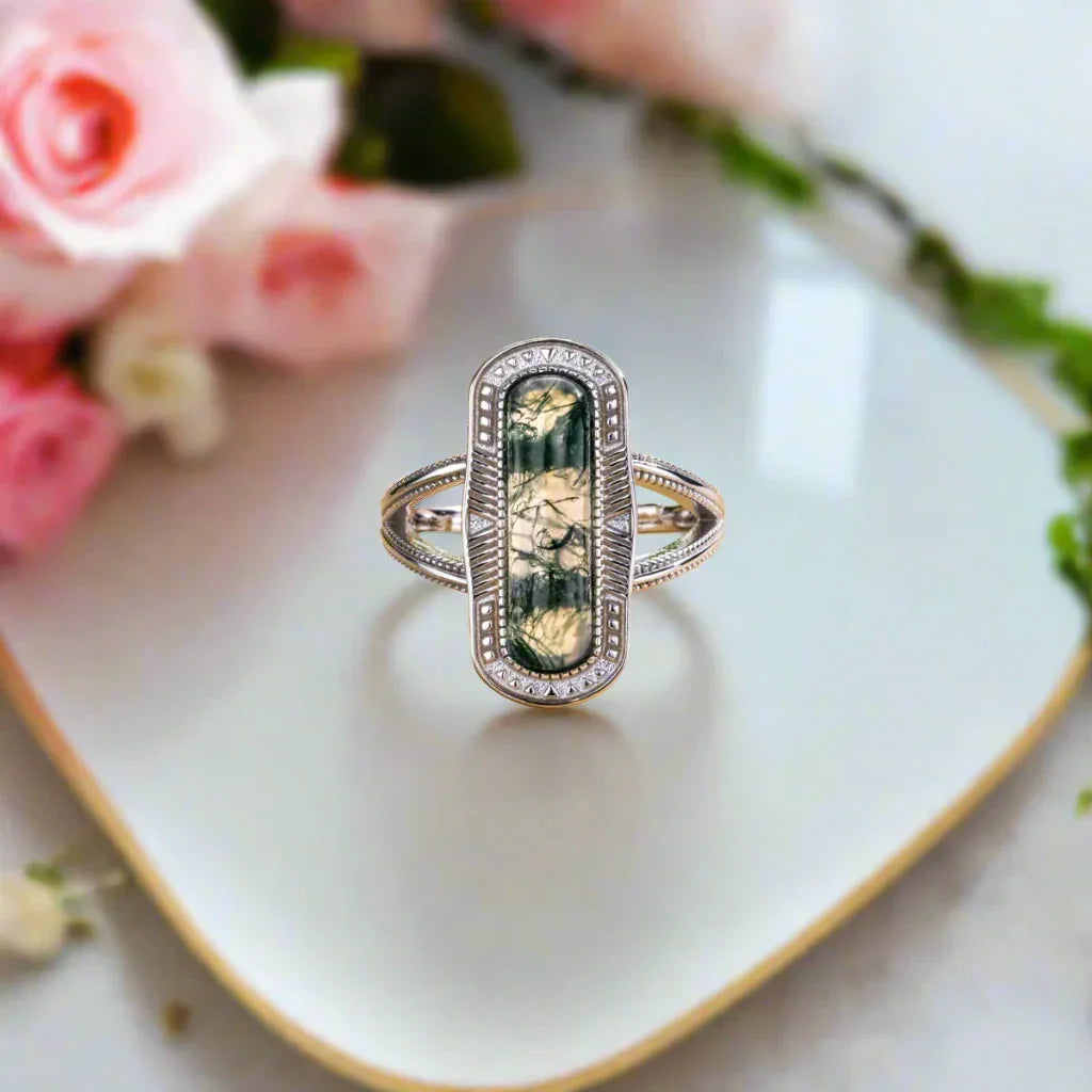 Vintage Oval Cut Moss Agate Promise Ring