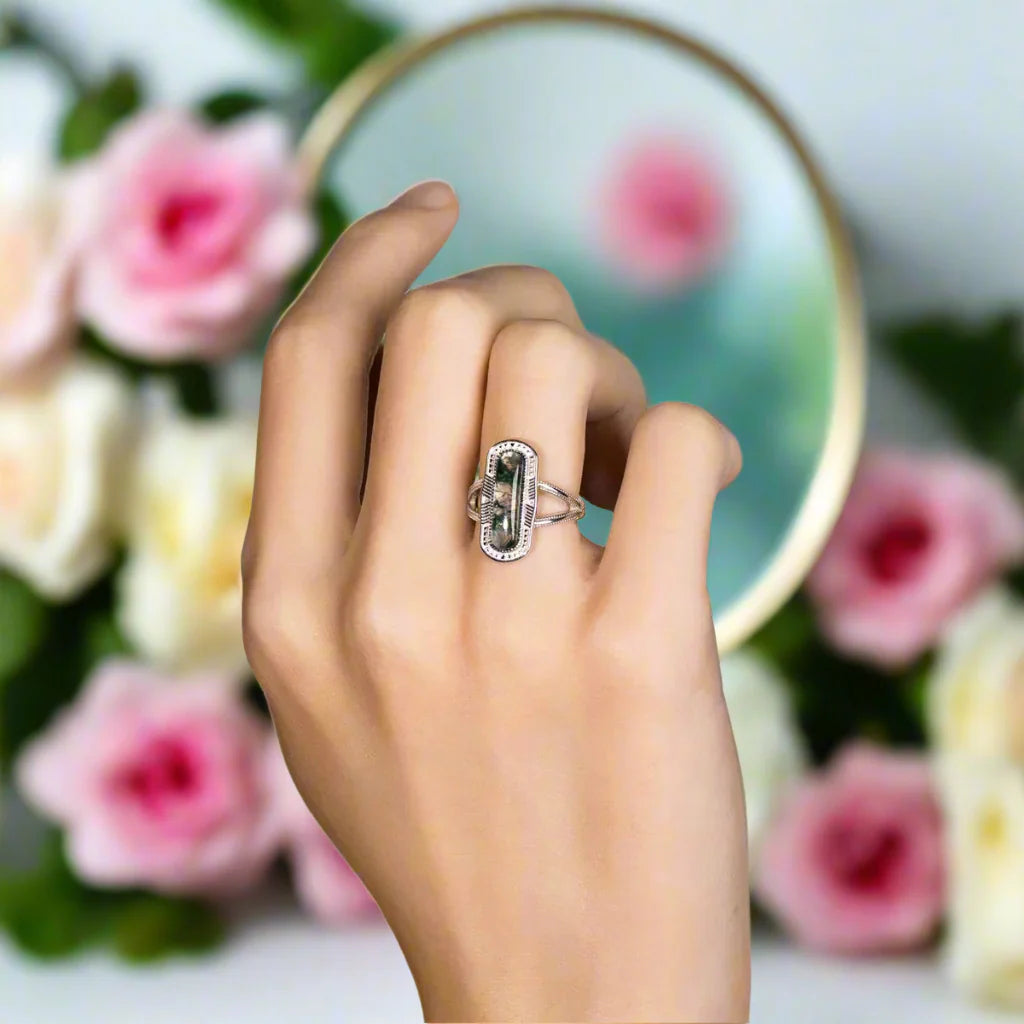 Vintage Oval Cut Moss Agate Promise Ring