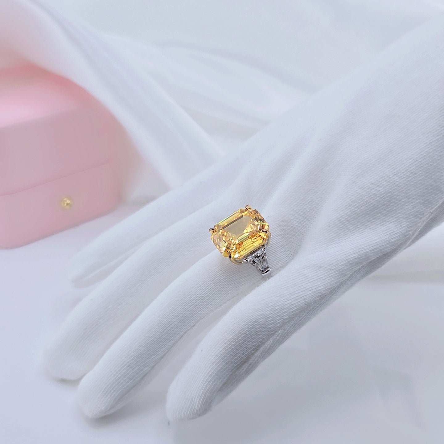 Yellow Sapphire Asscher Cut Three Stone Engagement Ring