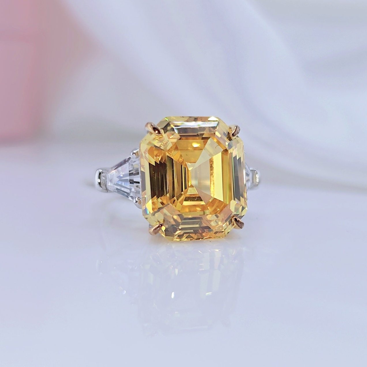 Yellow Sapphire Asscher Cut Three Stone Engagement Ring