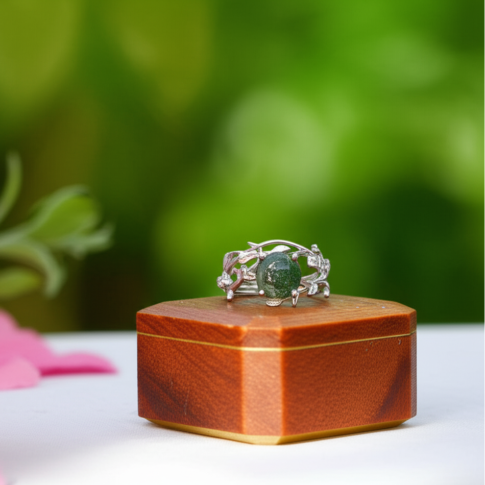 Green Moss Agate Vintage Leaf Style Resizable Ring Set