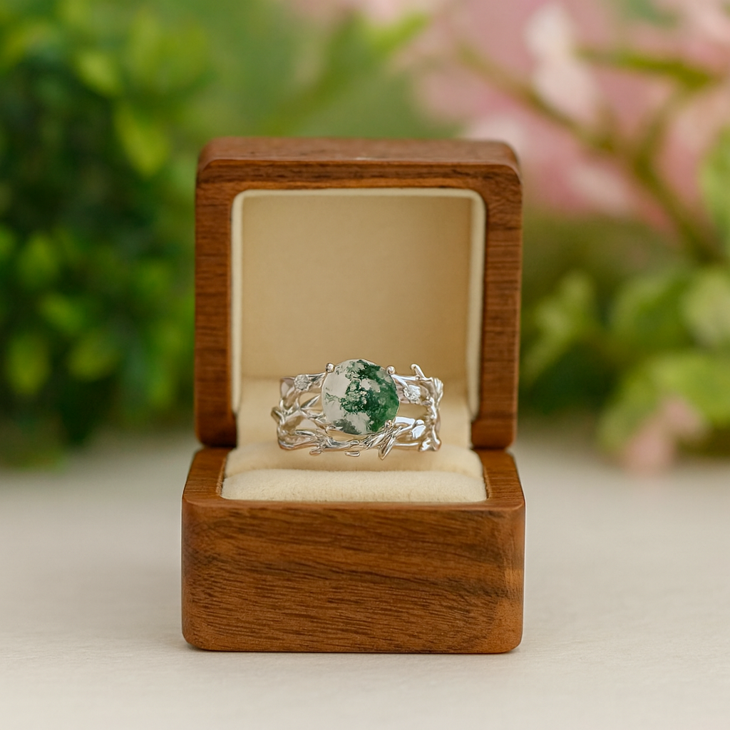 Green Moss Agate Vintage Leaf Style Resizable Ring Set