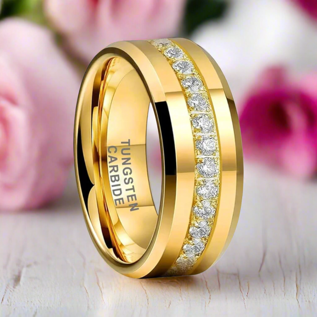 Diamond Inlay Beveled Edges Black Tungsten Men's Wedding Band