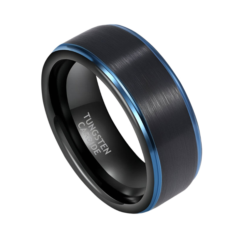 Black Tungsten Men's Wedding Band with Blue Line