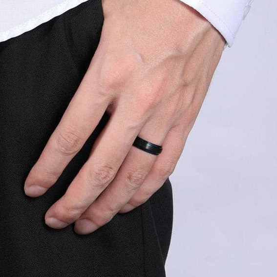 Black Tungsten Men's Wedding Band with Blue Line