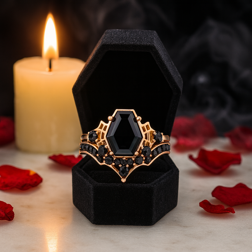 Eternal Vows Ring Set- Spider Web Coffin Cut Diamond Wedding Rings