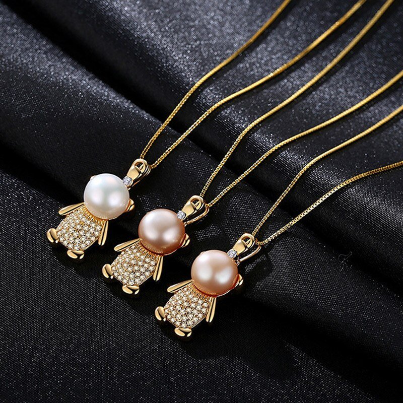 Cute Bear Freshwater Pearl Pendant Necklace