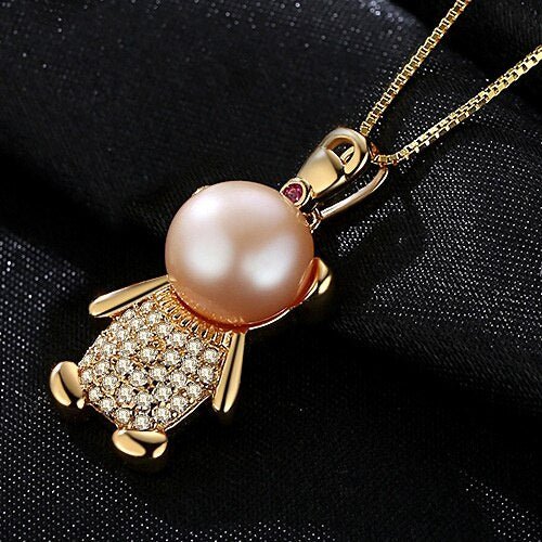 Cute Bear Freshwater Pearl Pendant Necklace