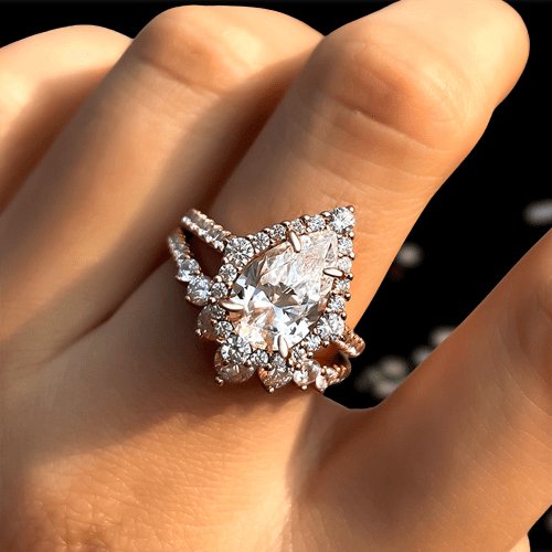 Elegant Rose Gold 2.2 Carat Halo Pear Cut Bridal Ring Set