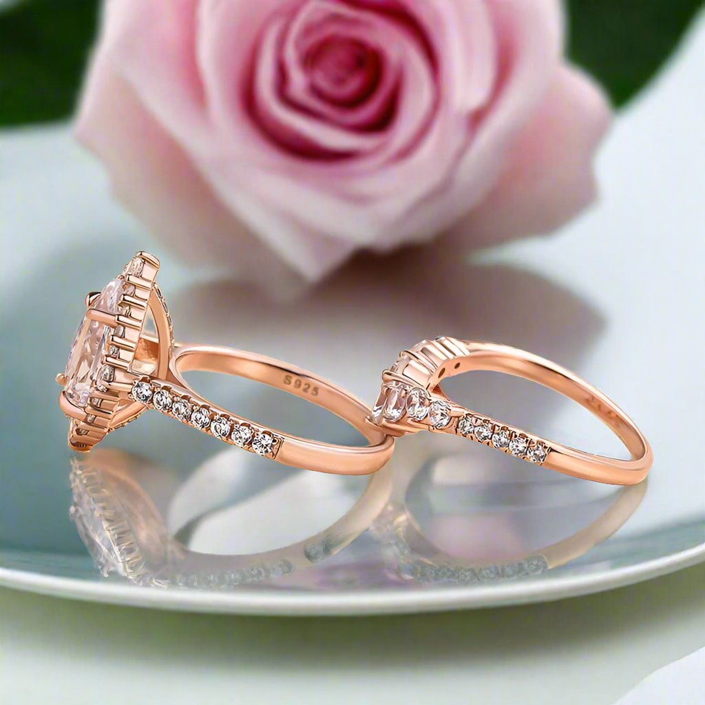 Elegant Rose Gold 2.2 Carat Halo Pear Cut Bridal Ring Set