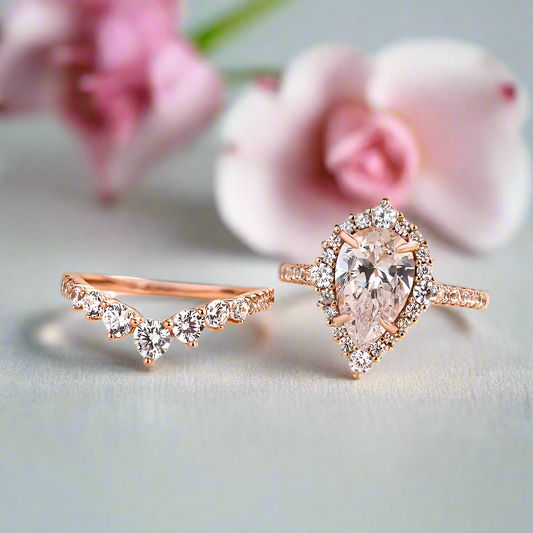 Elegant Rose Gold 2.2 Carat Halo Pear Cut Bridal Ring Set