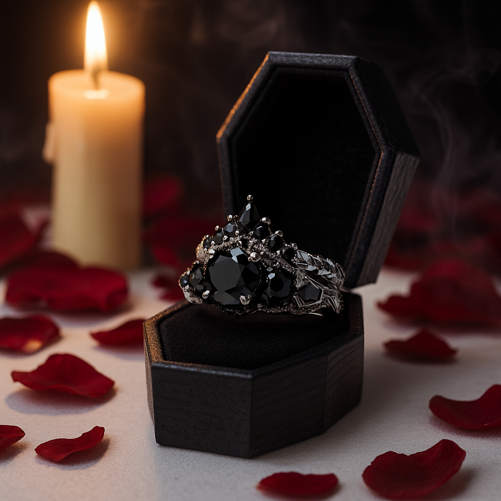 Eternal Flame- Round Cut Diamond Coffin Wedding Ring Set