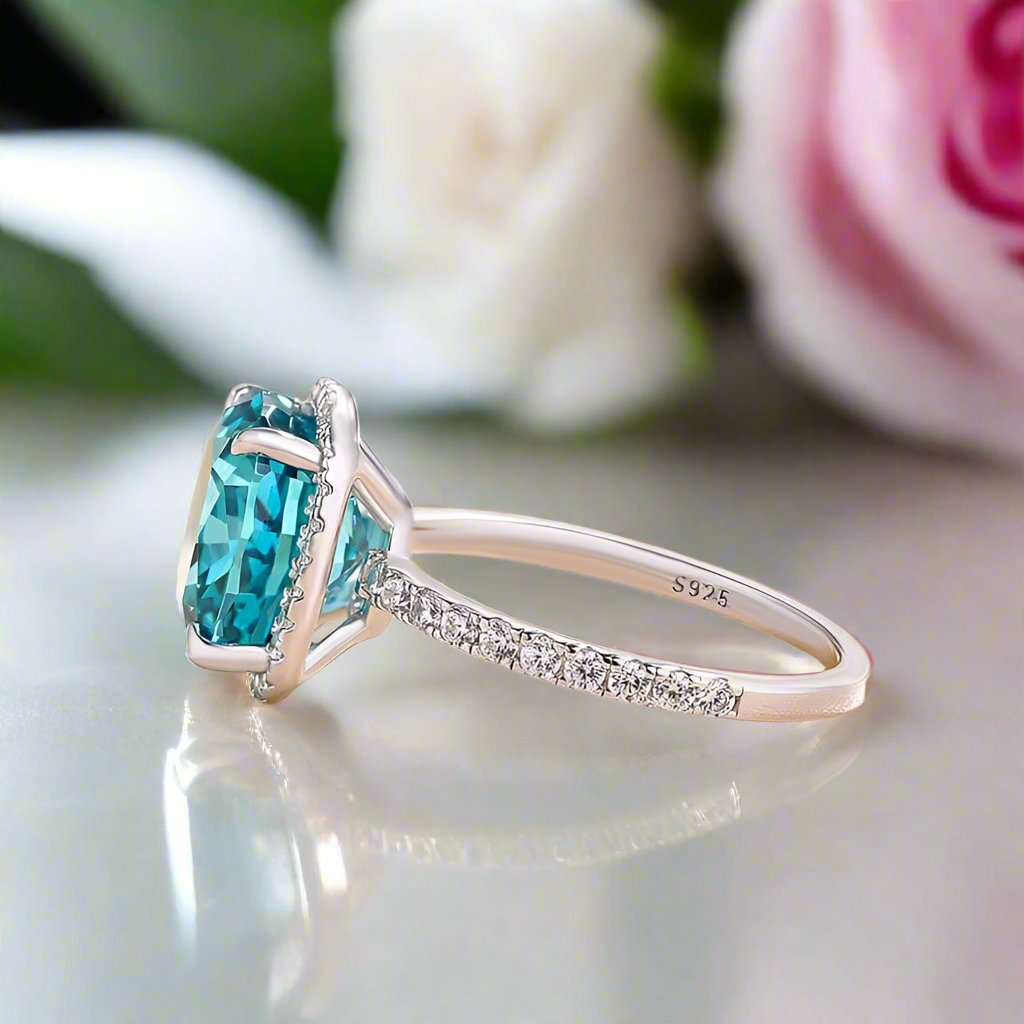 Exquisite Halo Cushion Cut Cyan Blue Diamond Engagement Ring