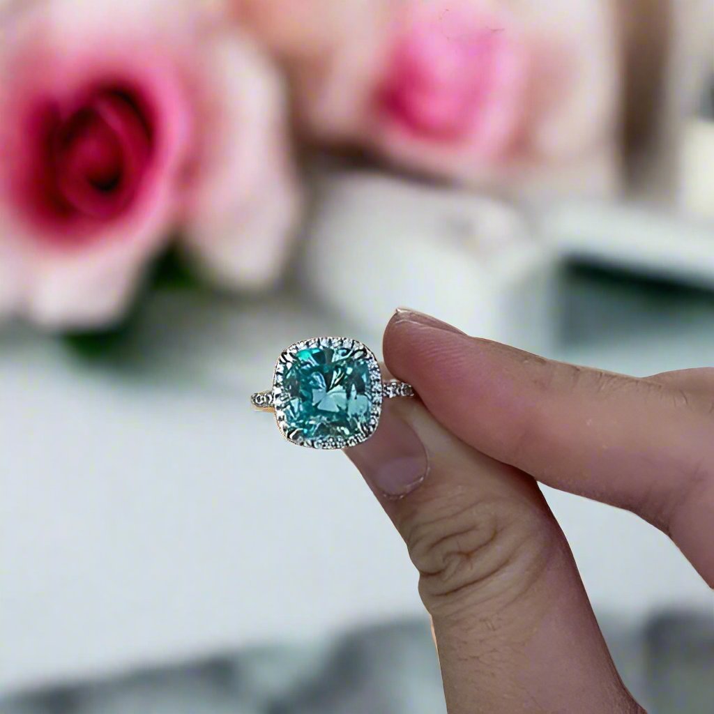 Exquisite Halo Cushion Cut Cyan Blue Diamond Engagement Ring