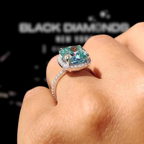 Exquisite Halo Cushion Cut Cyan Blue Diamond Engagement Ring