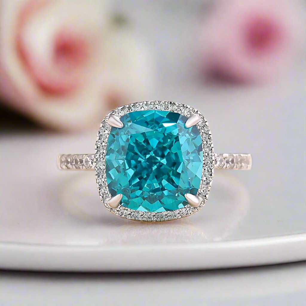 Exquisite Halo Cushion Cut Cyan Blue Diamond Engagement Ring