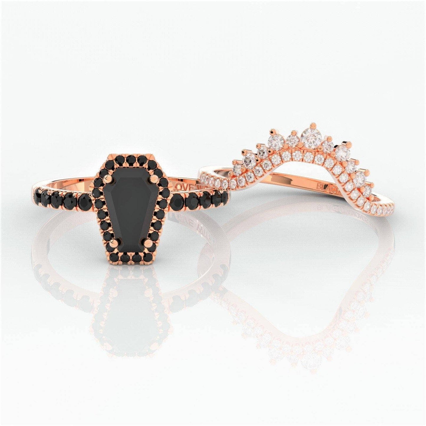 Best Love Rings- Rare Coffin Cut Diamond 14k Gold Gothic Ring Set