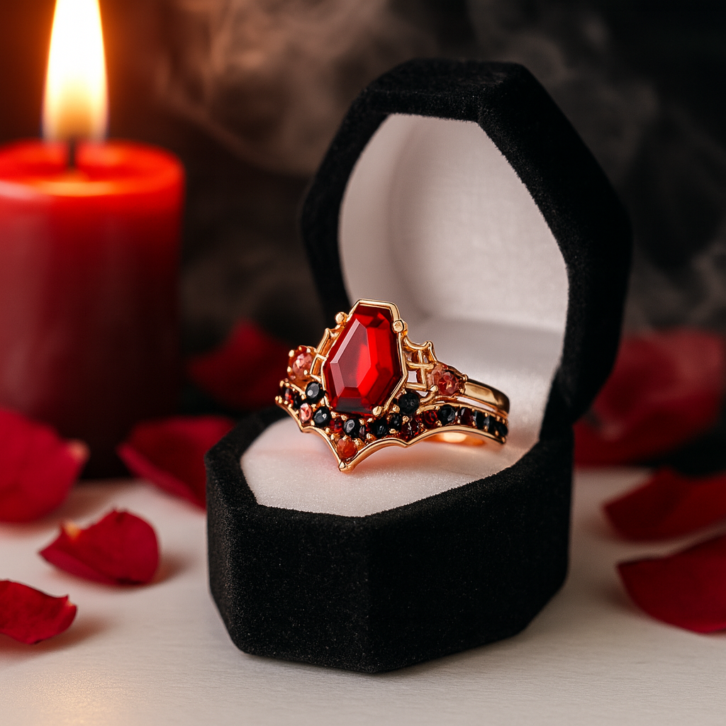 Eternal Vows Ring Set- Spider Web Coffin Cut Diamond Wedding Rings