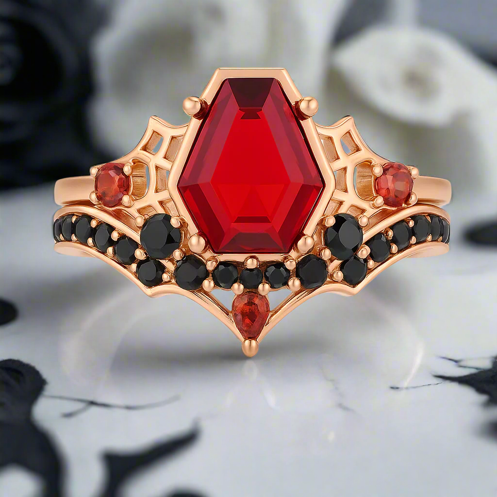 Eternal Vows Ring Set- Spider Web Coffin Cut Diamond Wedding Rings