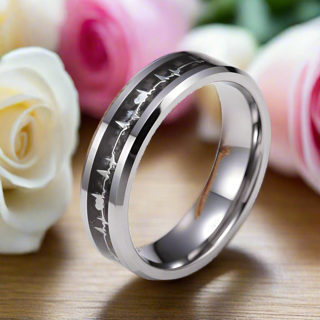 Heart Beat Inlay Men's Tungsten Carbide Wedding Band