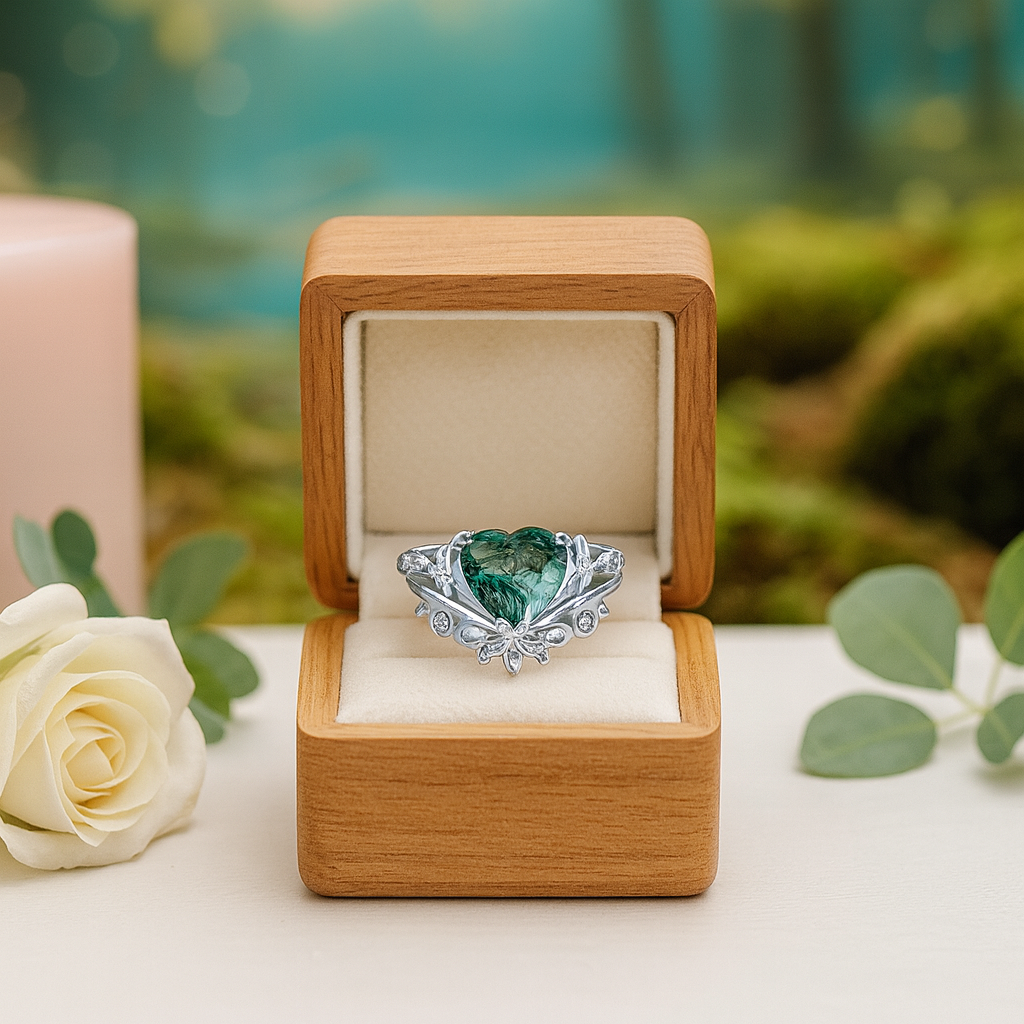 Heart Shaped Moss Agate Engagement Ring Set