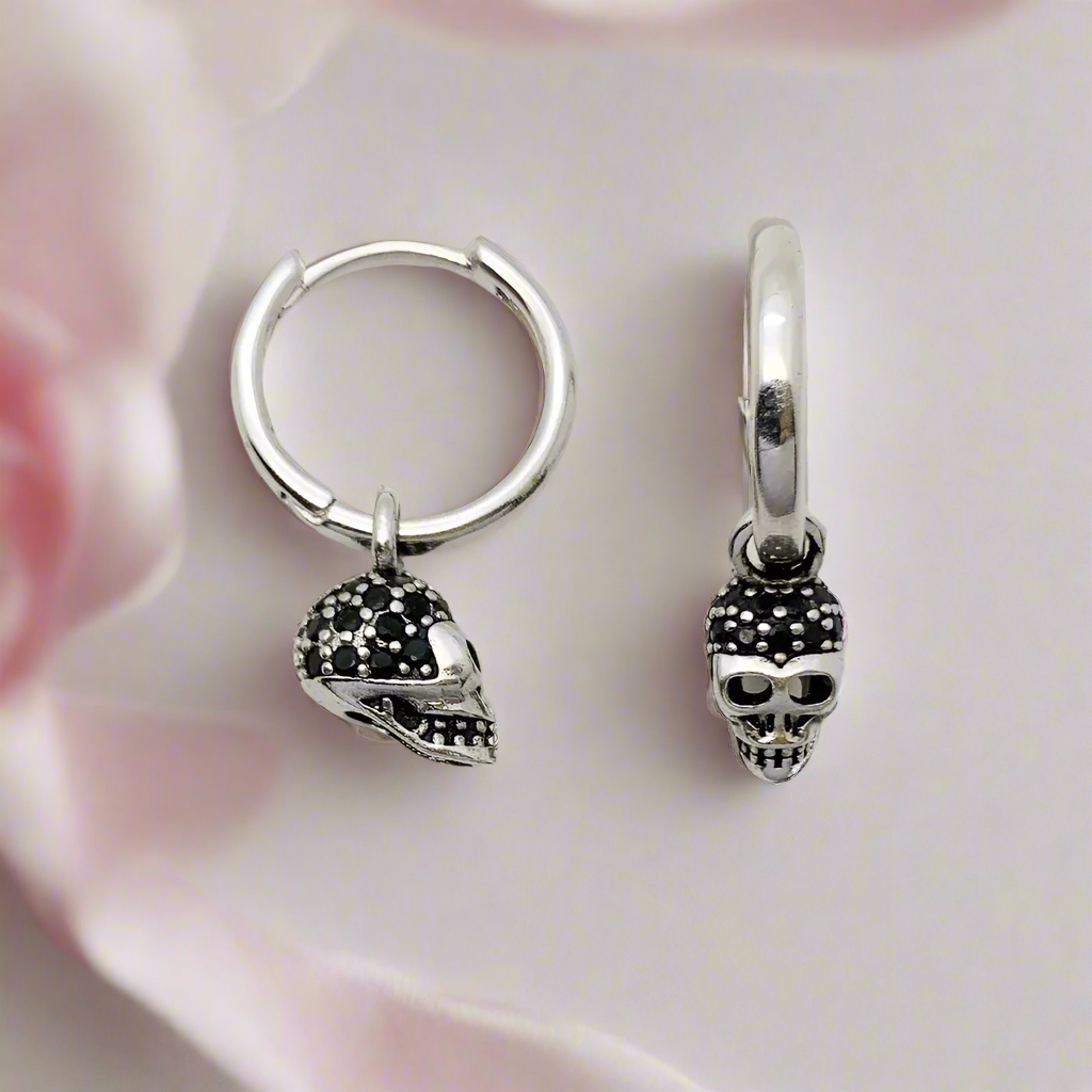 Black Diamond Pave Skull Hoop Earrings